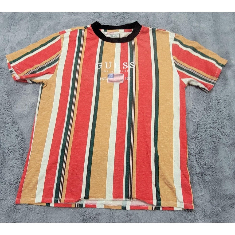 Guess Jeans Shirt Mens Medium Multicolor Stripe USA‎ Flag Ringer Graphic Tee